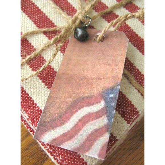 New Rustic American Red & White Stripe Fabric Coasters Set of 6 w/ Flag Tag - Picture 5 of 9